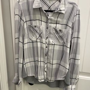Plaid gray and white button up top